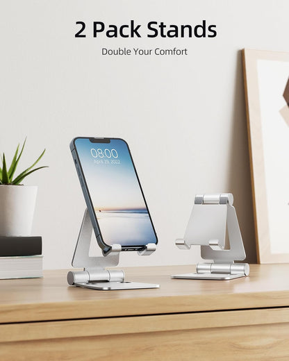 Nulaxy 2 Pack Fully Aluminum Dual Folding Cell Phone Stand, Adjustable Foldable Desktop Phone Holder for Desk Compatible with iPhone 17 16 15 14 13 12 11 Pro Max Xs Xr X 8, All Phones, Black & Silver