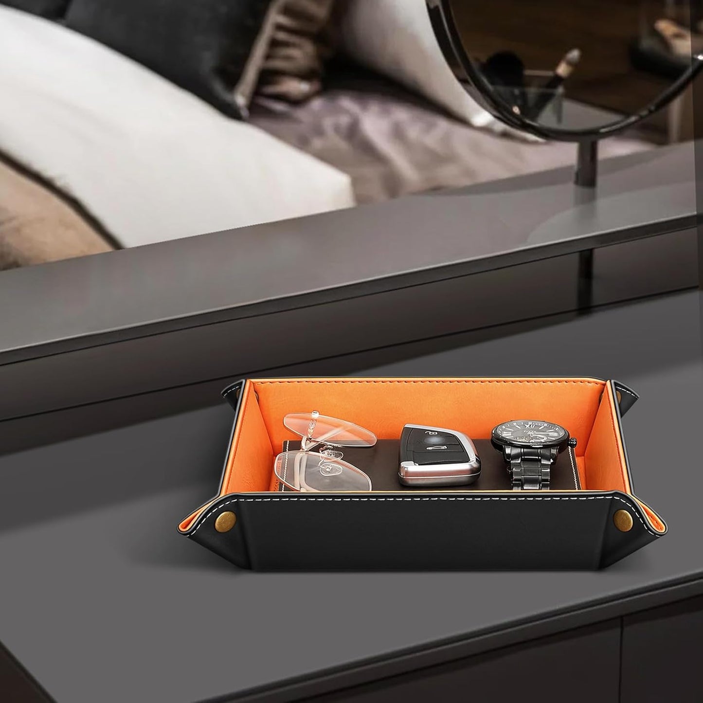 SITHON Valet Tray Desktop Storage Organizer – Premium PU Leather Catchall Bedside Vanity Tray Nightstand Caddy Holder for Keys, Phone, Wallet, Coin, Valentine's Day Gift, Brown