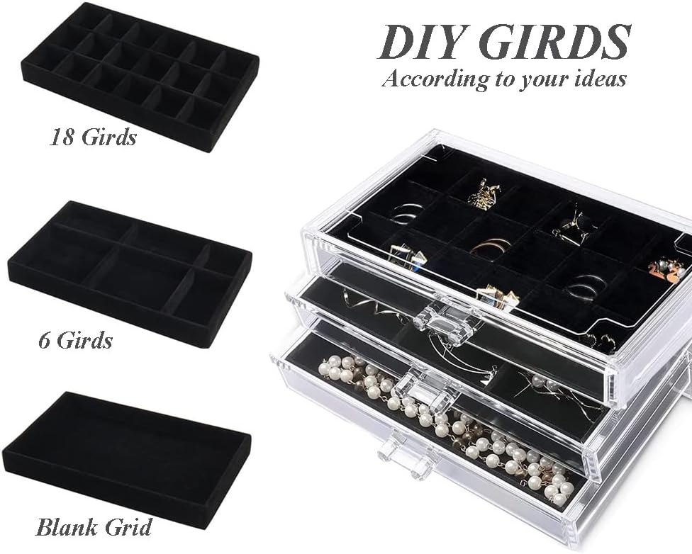 YUFONG Earring Organizer Box Acrylic Jewelry Organizer with 3 Drawers 54 Adjustable Grids Clear Stackable Earring Holder Velvet Trays Ring Display Case for Women Girls (Beige)