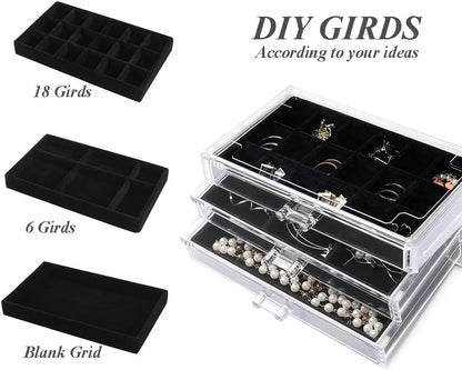 YUFONG Earring Organizer Box Acrylic Jewelry Organizer with 3 Drawers 54 Adjustable Grids Clear Stackable Earring Holder Velvet Trays Ring Display Case for Women Girls (Beige)