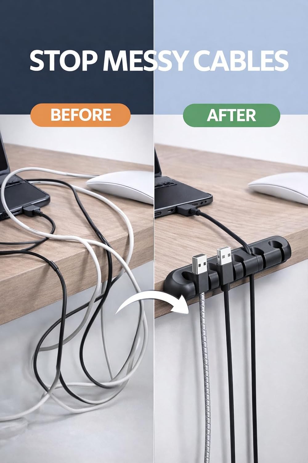 Cable Organizer Clips 2-Pack (5-Slot & 3-Slot) – Strong Adhesive Cord Holder for Desk, USB & Charging Cables, Silicone Wire Organizer for Home Office & Car – No-Drill, Keeps Cables Tidy