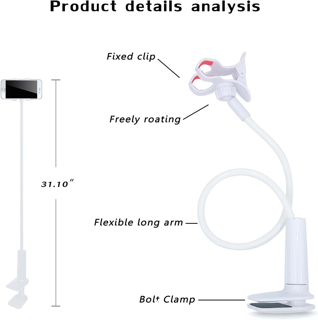 Cell Phone Holder, Universal Lazy Bracket Mobile Phone Stand, Flexible Gooseneck Long Arm Clip (White)