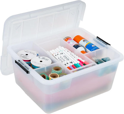 IRIS USA 18 QT Clear Storage Organizer with Removable Dividers, Stackable Plastic Storage Box with Lid, Modular Container for Crafts, Tools, Office & Pantry Organization