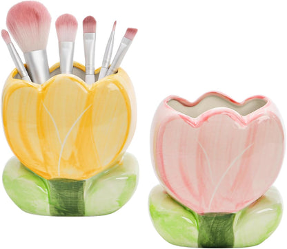 Foraineam 2 Pieces Ceramic Pen and Pencil Holder for Office Tulip Makeup Brush Storage Stand Cute Vase Decor Aesthetic Toothbrush Holder Desktop Organizers for Pencils, Painting Brushes, Art Supplies