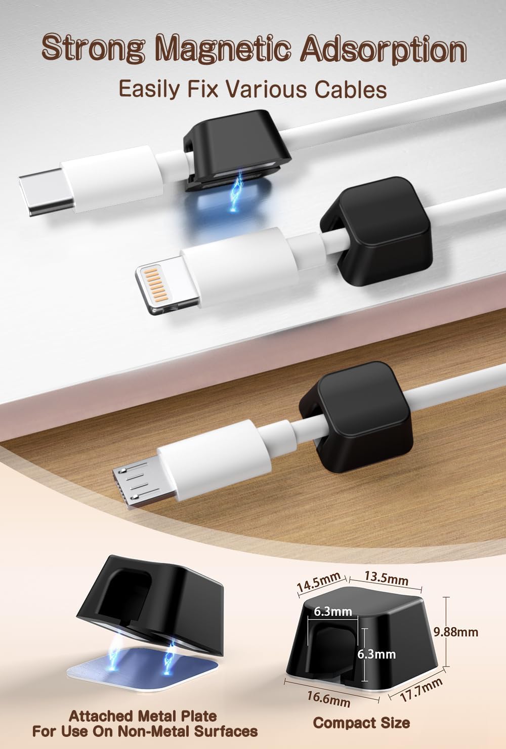 Maveek Magnetic Cord Holders, 5 Pack Silicone Magnet Cable Clips with Metal Plates, Standing Desk Wire Organizer for USB Charging Cables, Nightstand, Car, Metal Surface (Small, White)