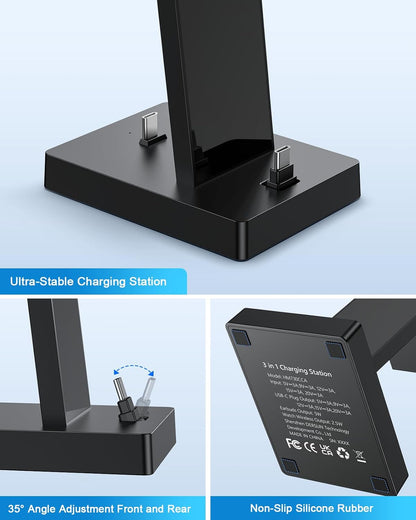 30W Fast Charging Station for Apple Devices - ADADPU 3 in 1 USB C Charger Stand for iPhone 17 16 15 Pro Max Plus & AirPods 4,Wireless Charger Dock Compatible with Apple Watch Ultra/10/9/8/7/6/5/4/3/SE