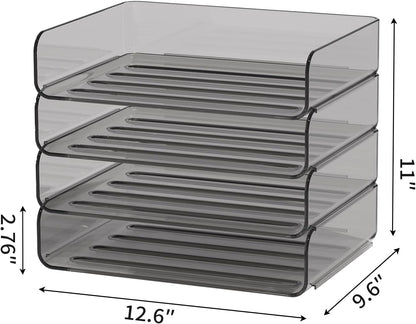 FANXIYQ 4-Tier Acrylic Paper Tray Organizer - Low-Profile Desk File Sorter for Office/Home, Clear Stackable Letter Tray for Bills, Crafts, Notebooks