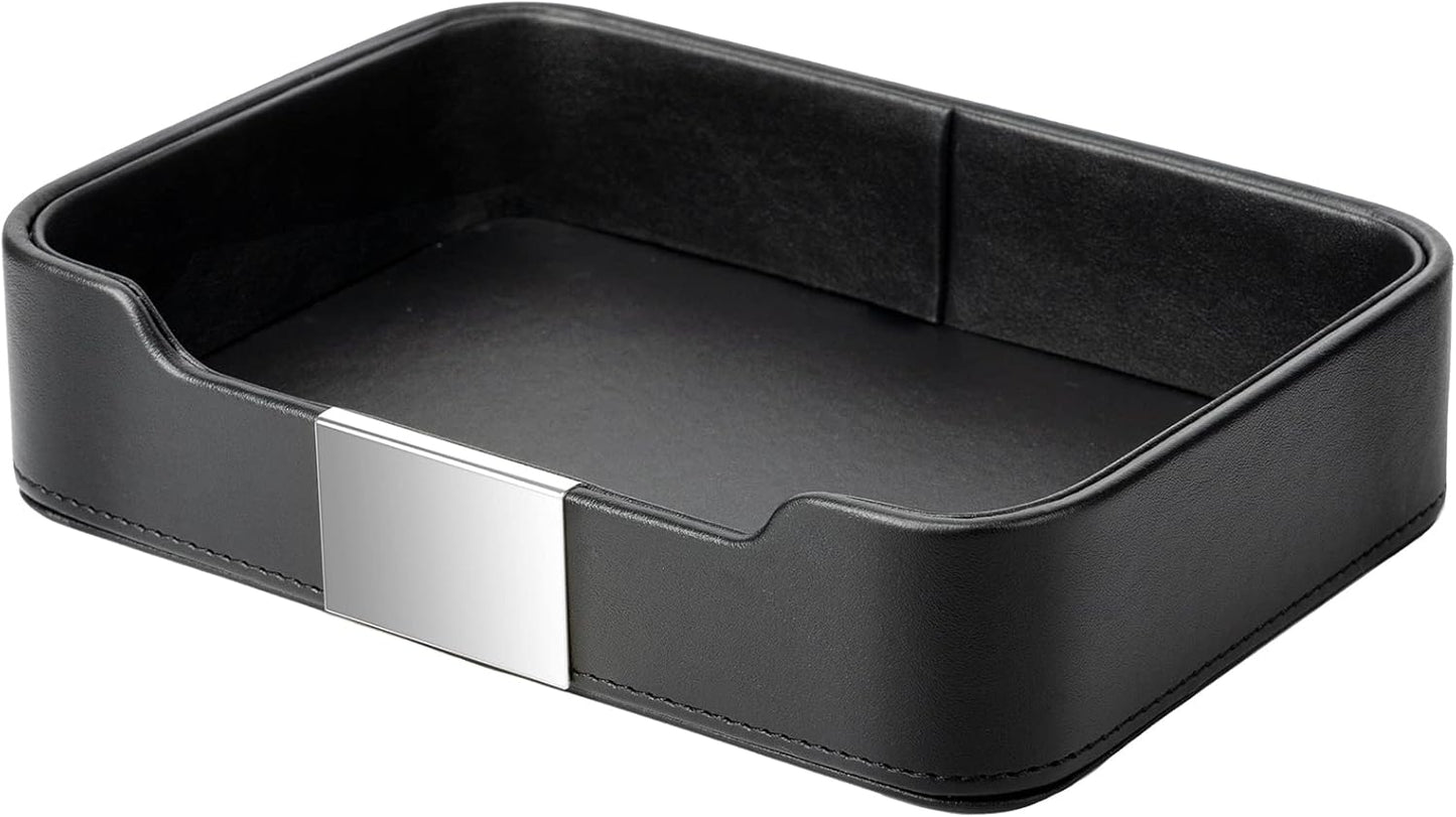 SANZIE Luxury Leather Tray Desktop Storage Catchall Organizer Decorative Tray for Entryway Table to Hold Jewelry Watch Keys Phone Wallet (Metal Glided, Black)