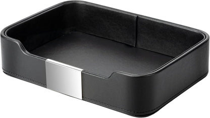 SANZIE Luxury Leather Tray Desktop Storage Catchall Organizer Decorative Tray for Entryway Table to Hold Jewelry Watch Keys Phone Wallet (Metal Glided, Black)