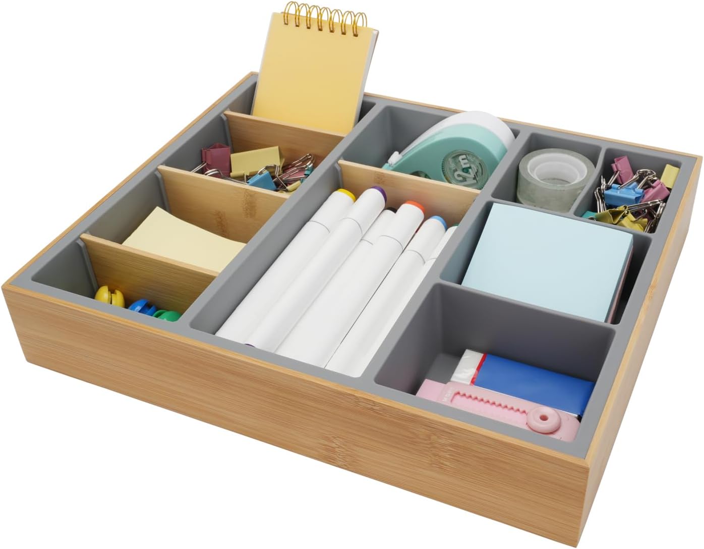 Bamboo Desk Drawer Organizer Tray, Silicone Sturdy Junk Drawer Organizer with 10 Adjustable Compartments, Desk Organizers and Accessories with 4 Removable Dividers for Office Home (White)
