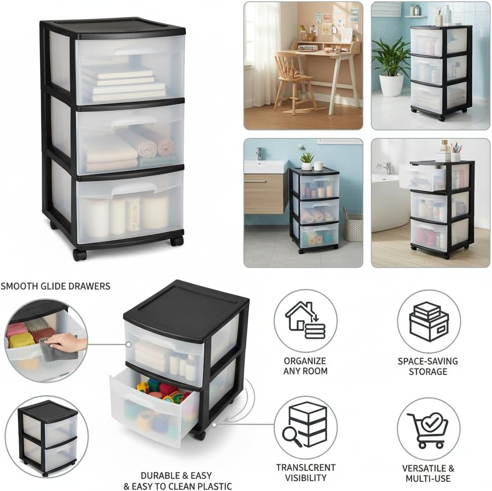 3-Drawer Storage Tower with Removable Clear Plastic Bins, Tool-Free Assembly, Multiple Sizes for Home Office (15.7"W)