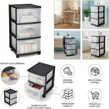 3-Drawer Storage Tower with Removable Clear Plastic Bins, Tool-Free Assembly, Multiple Sizes for Home Office (15.7"W)