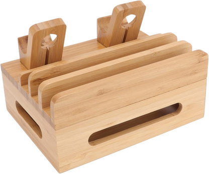 Bamboo Charging Station for Multiple Devices with 5 Port USB Charger, Electronic Device Desktop Dock Stations Organizer for iPads, Laptops, Tablets, Watch (Wooden)