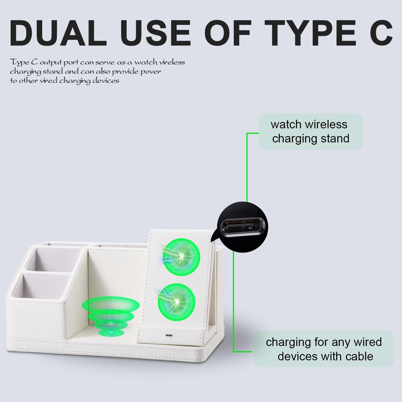White Leather Desk Organizer with Wireless Charger – 3-in-1 Charging Station for Phone, Watch & Earbuds, 4-Compartment Remote & Office Supplies Caddy for Home Office, Gifts for Women & Men (white)