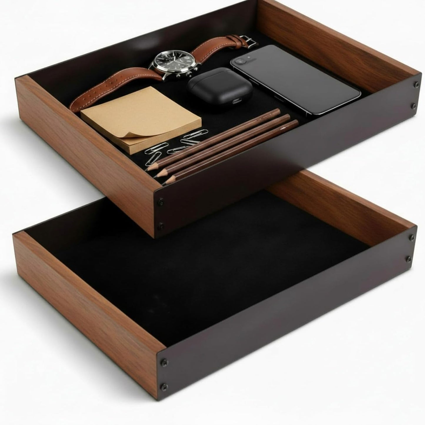 Geelin 2 Pack Desk Drawer Organizer, Valet Tray for Men, Nightstand Tray Acacia Wooden and Metal Entryway Bedside Dump Holder Accessories for Wallets, Keys, Watches, Phones, Loose Change, Trinkets