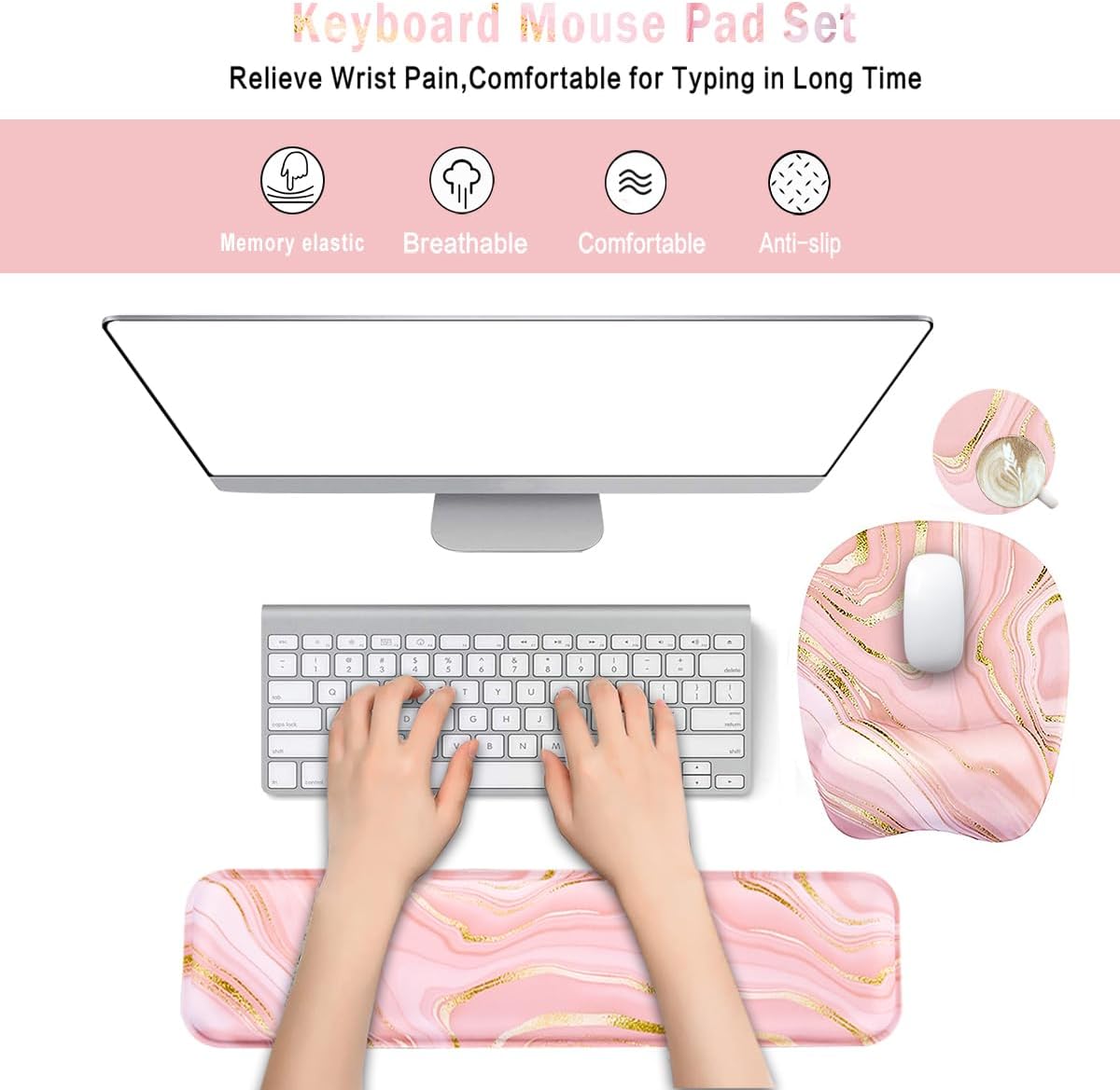 Memory Foam Set Wrist Rest Pad & Mouse Wrist Rest Support,Ergonomic Design for Office,Home,Laptop,Desktop Computer,Gaming Keyboard - Pink