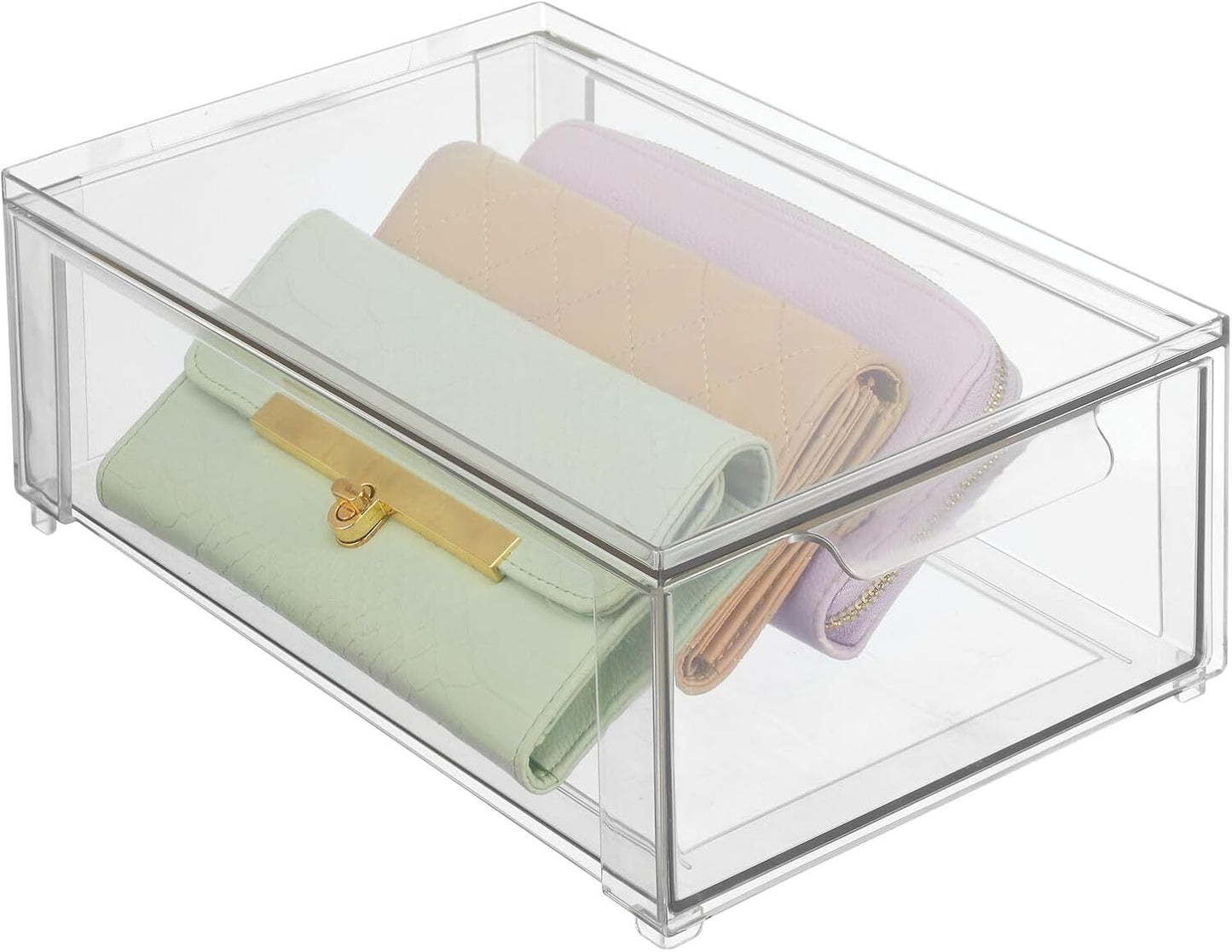 mDesign Plastic Stackable Closet Storage Organizer Bin Containers with Front Pull Drawer for Cabinet, Desk, Shelf, Cupboard, or Dresser Organization - Lumiere Collection - Clear