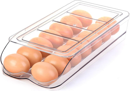 RoskDeewat Egg Holder for Fridge, Automatic Rolling Egg Container for Refrigerator, Stackable Fridge Organizers and Storage with Lid, Clear Plastic Egg Dispenser,Bin & Tray (1 Tier)