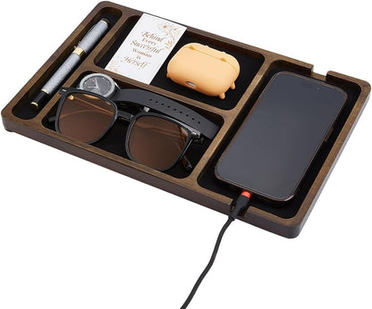 BENECREAT Wood Valet Tray, Black Wooden Catch All Tray, Tabletop Organizer for Key, Phone, Wallet, Watch, Earbud, Nightstand Storage Container, Watch Holder, 7.64x11.65 inches