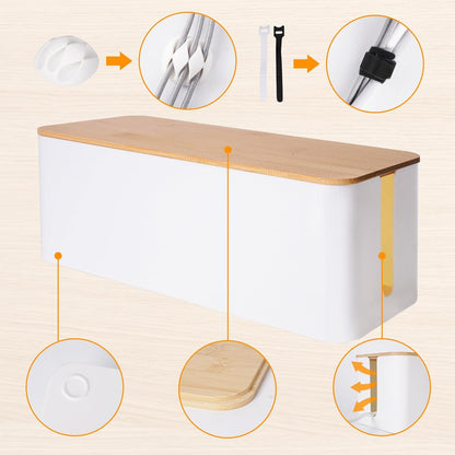 2 Pack Cable Management Box – Child and Pet-Proof Cord Organizer with Bamboo-Style Design, Large Capacity Cable Cover for Hiding TV Wires, Computer Cables, Power Strips,and USB Hubs, White