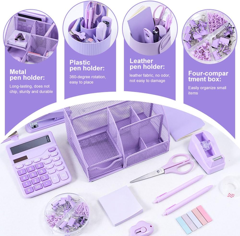 Gawsey Gold Desk Organizers and Accessories Set with 360-Degree Rotating Pen Holder, Acrylic Stapler, Tape Holder, Staple Remover, Binder/Paper Clips Kit, Scissor and 1 Box of Staples