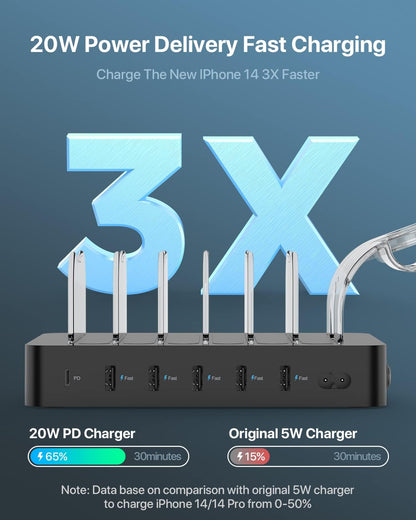 SooPii 60W 6-Port PD Charging Station for Multiple Devices, 20W PD USB C Fast Charging for lPhone 14/13/12,6 Short Cables Included, 2 in 1 Holder,for Phones,Tablets and Others…