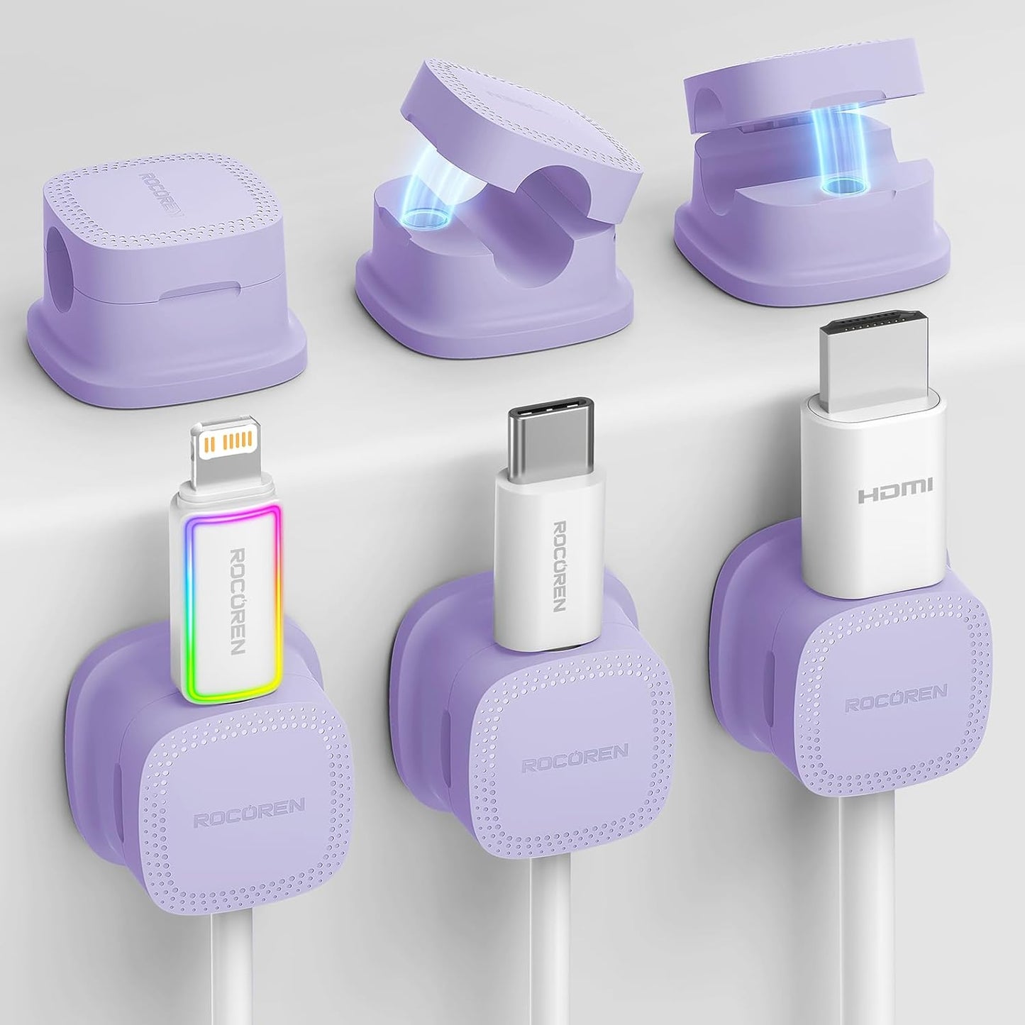 6-Pack Magnetic Cable Clips, Rocoren Smooth Adjustable Adhesive Cord Organizer, Desk Cable Management Wire Holder Keeper Cables Staples for Nightstand Home Office Desk Car Phone Wall Desktop