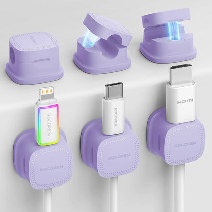 6-Pack Magnetic Cable Clips, Rocoren Smooth Adjustable Adhesive Cord Organizer, Desk Cable Management Wire Holder Keeper Cables Staples for Nightstand Home Office Desk Car Phone Wall Desktop