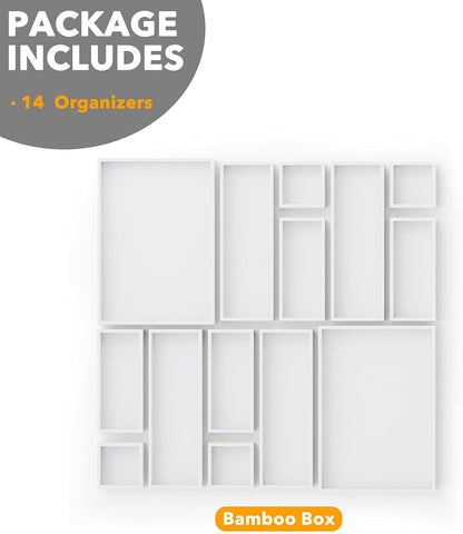 SpaceAid 14-Piece Bamboo Drawer Organizer Storage Boxes Set, Wood Tray Junk Drawer Organizers Multi-Use Divider Bins for Kitchen, Bathroom, Office Desk and Makeup Organization (14 Pack, Natural)