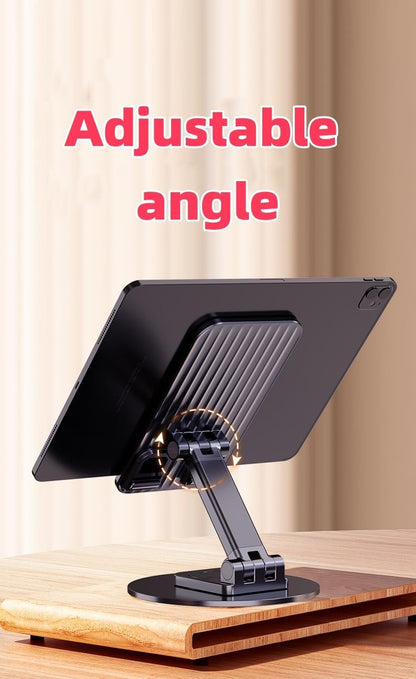 Adjustable Phone Stand, 360-Degree Rotating Metal Desktop Holder for Mobile Phones, Tablets, iPads, iPhones, and Nintendo Switch, Foldable and Portable, Black