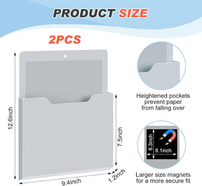 Feifeiya 2 Pcs Magnetic File Folder Wall Hanging Holder Large Pocket Paper Magazine Mail Organizer for Refrigerator Classroom Locker Whiteboard(Vertical,Purple Color,12.2 x 9.4 Inches)
