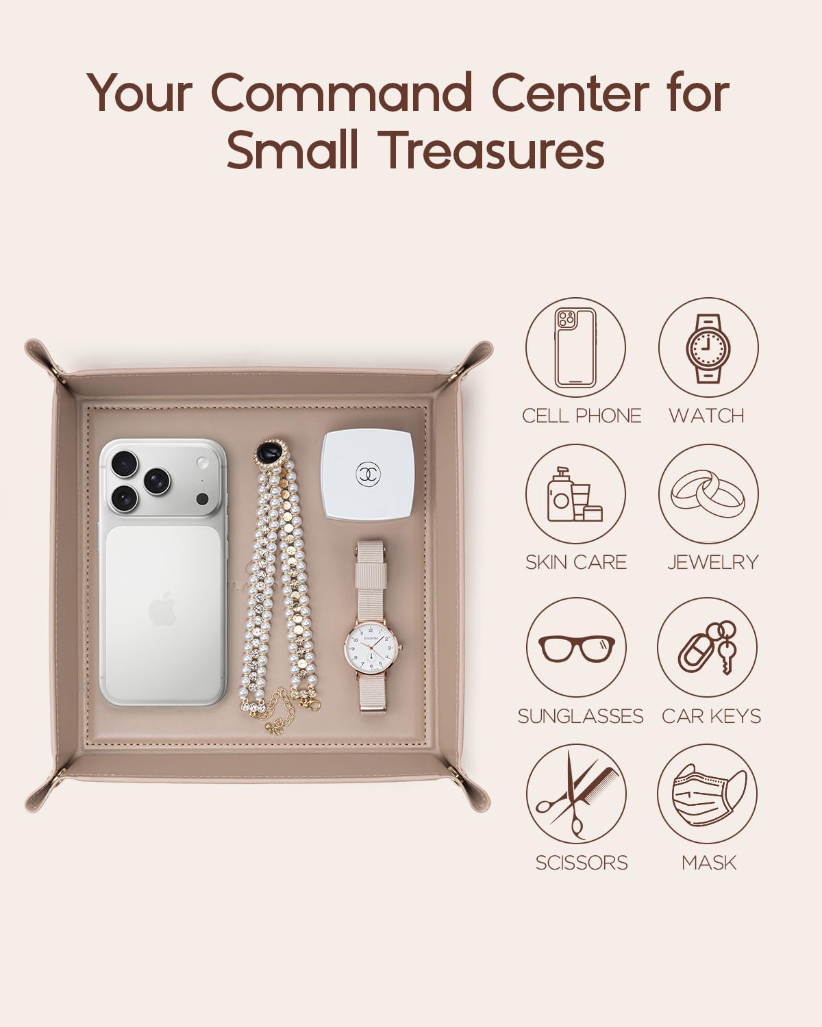 VLANDO Valet Tray for Men Women, Nightstand Organizer Vanity Catchall Holder for Dresser Desk Storage Bedside, Travel PU Leather Jewelry Key Bowl Coin Watches and Candy Entryway Tray - Large, Brown