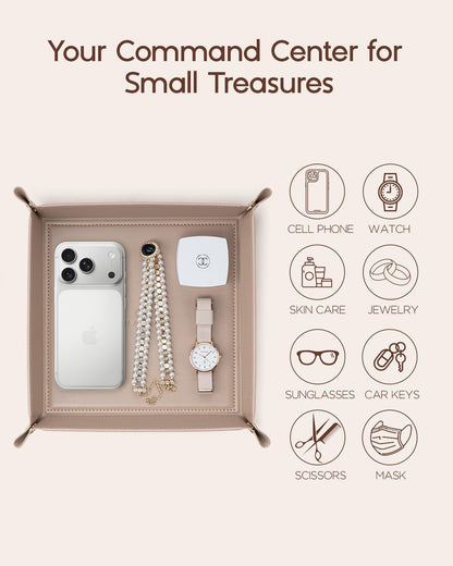 VLANDO Valet Tray for Men Women, Nightstand Organizer Vanity Catchall Holder for Dresser Desk Storage Bedside, Travel PU Leather Jewelry Key Bowl Coin Watches and Candy Entryway Tray - Large, Brown