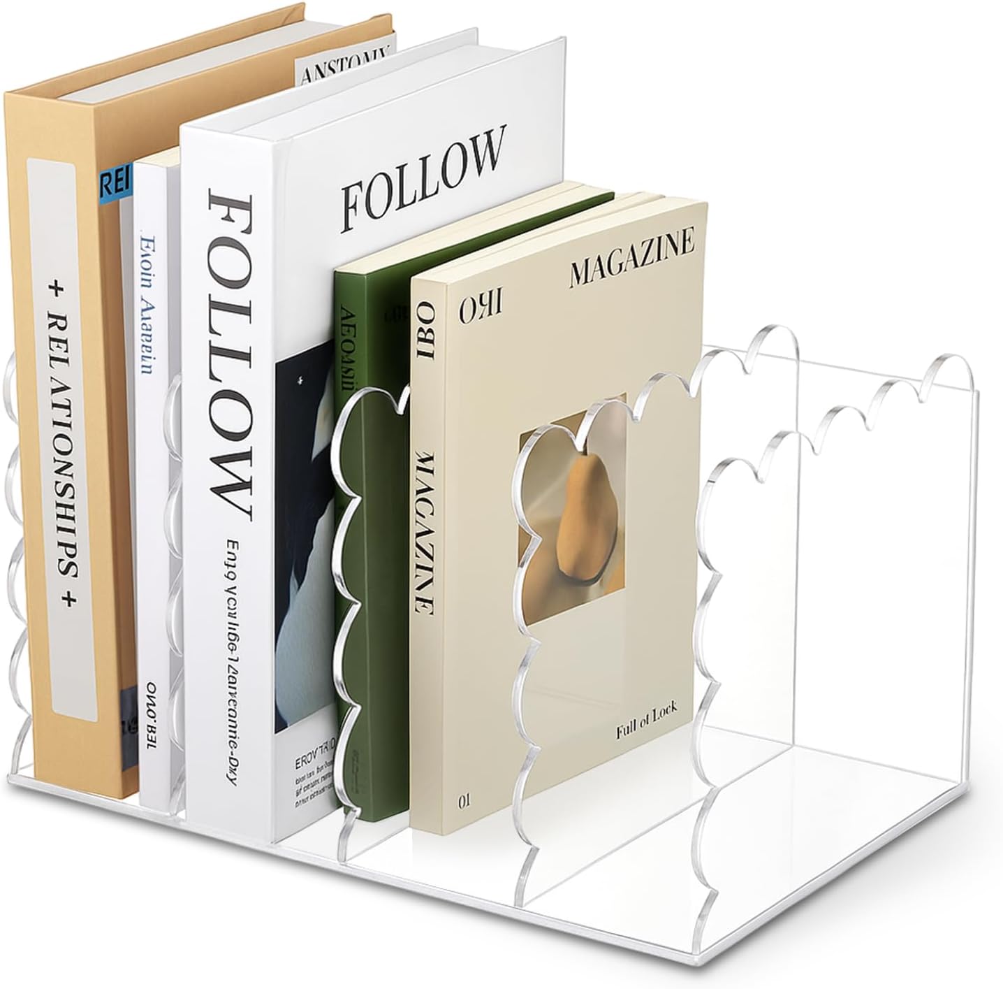 AmazingSpark Scalloped Acrylic Book Holder for Desk with 4 Vertical Compartments 11.22 x 7.28 x 6.5 Inches Clear Acrylic Magazine Organizer Storage Mail Sorter with Wave Edge Design for Office Home
