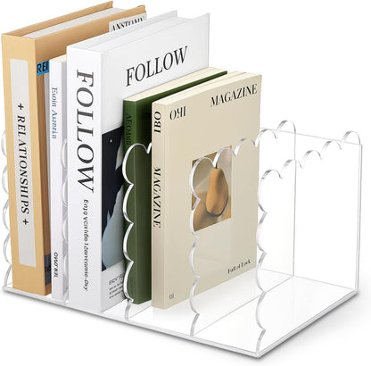 AmazingSpark Scalloped Acrylic Book Holder for Desk with 4 Vertical Compartments 11.22 x 7.28 x 6.5 Inches Clear Acrylic Magazine Organizer Storage Mail Sorter with Wave Edge Design for Office Home