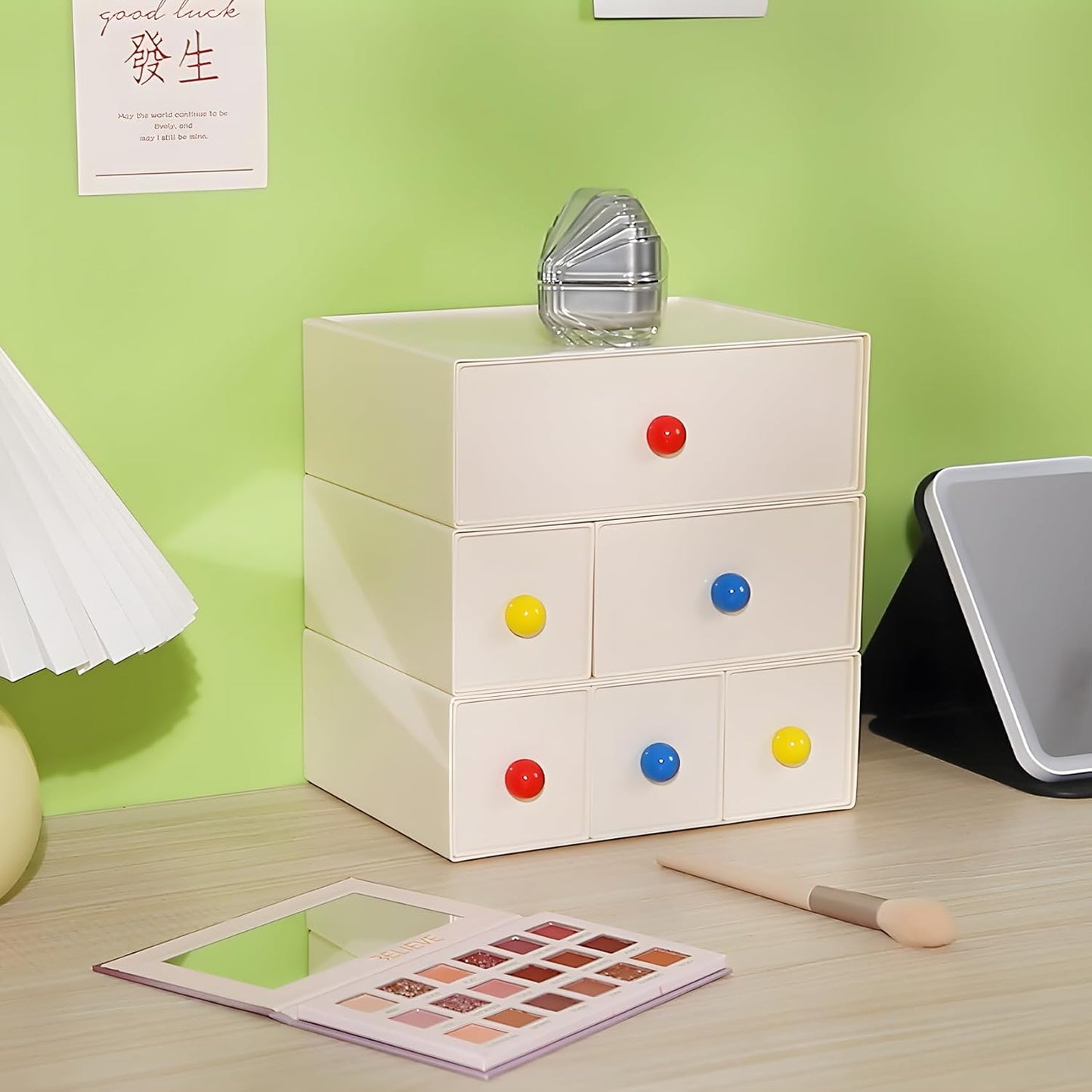 Desktop Storage Drawers, Plastic Desk Organizer with 3 Drawers, Modular Stackable Toolbox Units for Office Stationary, Makeup Container, Bathroom Countertop (1 Tall Layer, Cream & Clear)