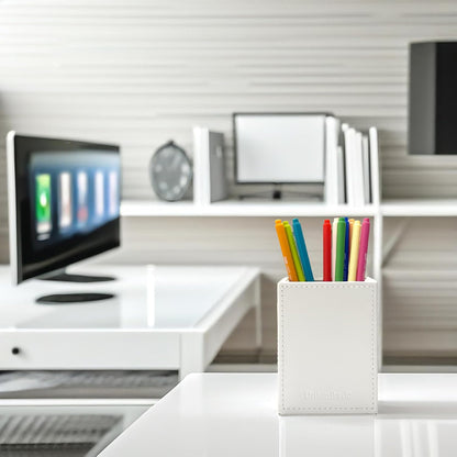UnionBasic Square Pen Holder, Leather Pencil Cup, Desktop Caddy Stationery Organizer, Beige