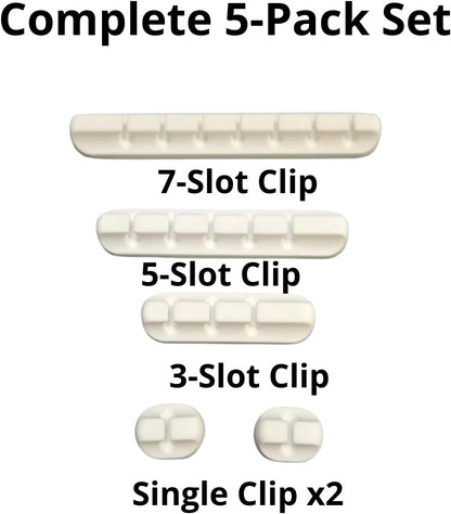 Cord Holder Cable Management Clips 5 Pack- Adhesive Wire Organizer for Desk, Car, Nightstand, Office, Home – Fits USB Charging Cables, Power Cords, Headphones (7-5-3-1-1 Slots)(White)