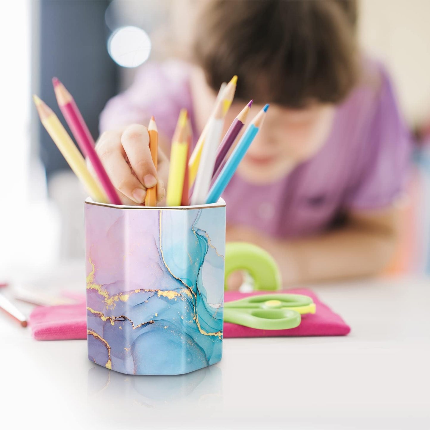 WAVEYU Ceramic Pen Holder for Desk Cute, Pencil Cup Pot Desk Organizer, Makeup Brush Holder for Women, Men, Kids, Desk Marble Decor for Office, Classroom, Home, Gray Golden