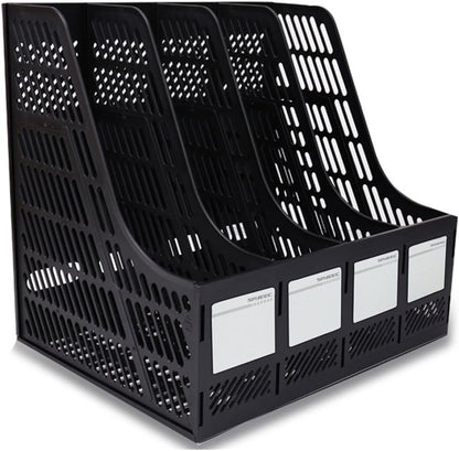 SAYEEC Desktop Magazine Holder Desk File Organizer 4 Compartments Vertical File Dividers Book Holder Frames Document Cabinet Rack Storage Organizer Box for Home Office School Black
