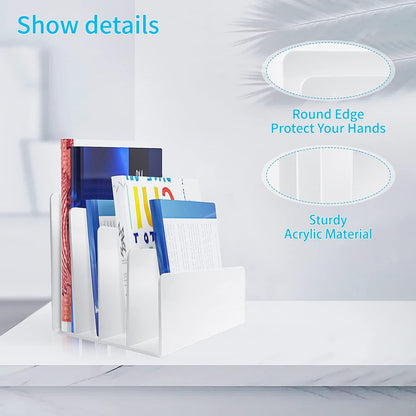 White Acrylic File Organizer - 4 Sections Desk Holder Sorter for Office Supplies, Electronics, Notebooks and Mail
