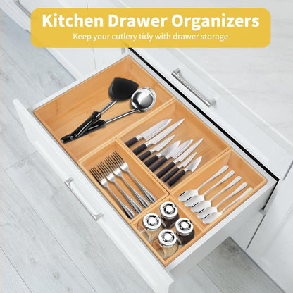 Bamboo Drawer Organizer with 2 Dividers, 5PCS Adjustable Junk Desk Organizer Trays with 7 Grid , Wood Stackable Storage Boxes Bins for Kitchen Flatware, Office Desktop, Bathroom Makeup, Jewelry