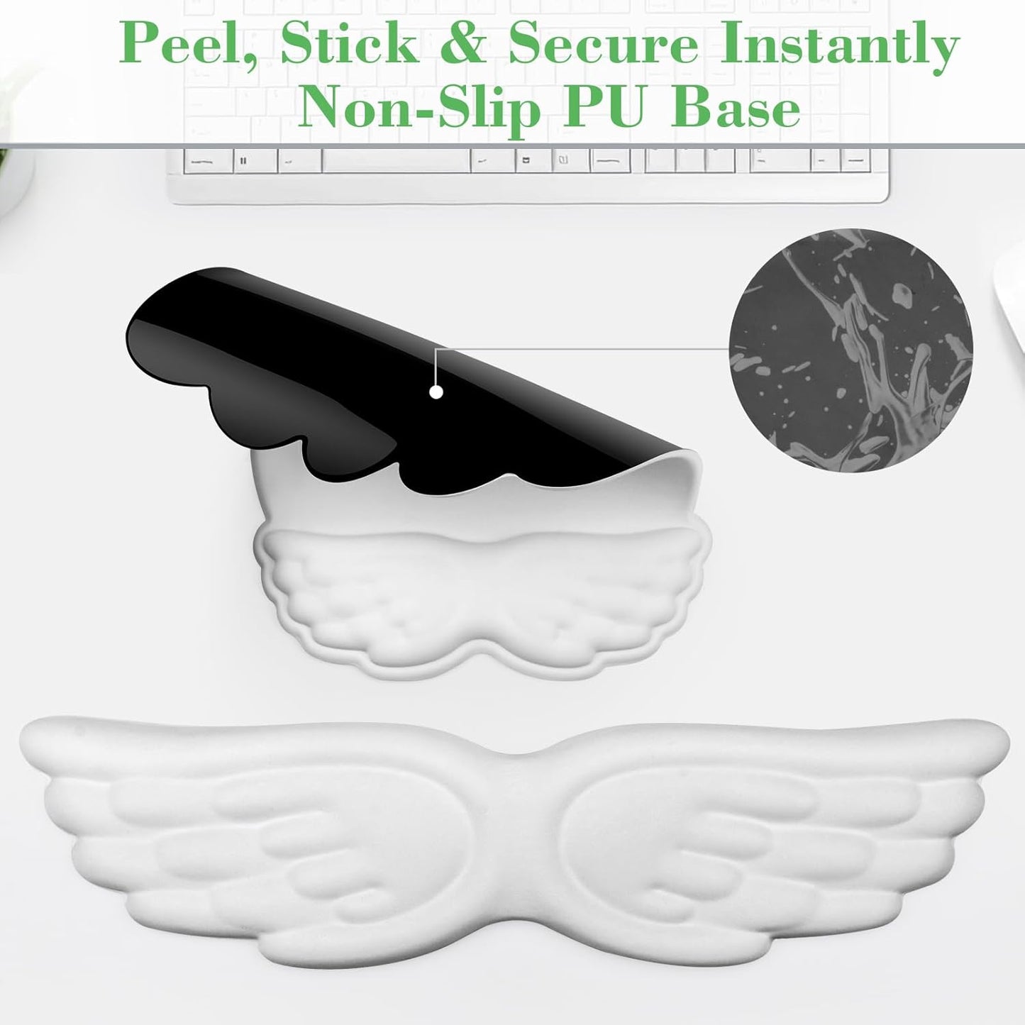 Angel Wing Wrist Rest Set, Ergonomic Keyboard Mouse Wrist Support Memory Foam Cushion Hand Support，Cute Wrist Rest Pu Leather Surface Non-Slip Base for Office, Gaming, Work(3Pcs, White)