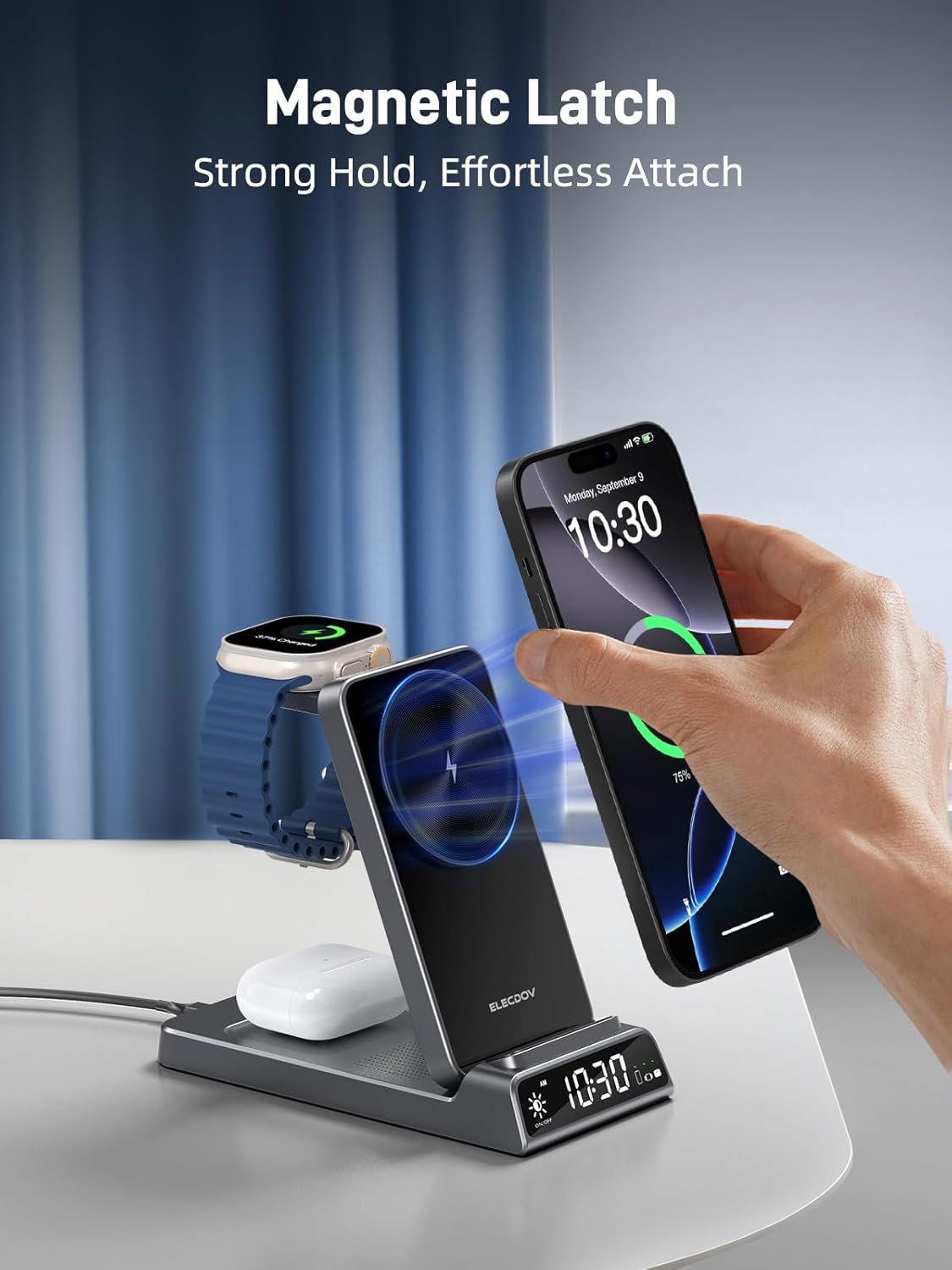 3 in 1 Charging Station for Apple, ELECDOV Magnetic Charger for iPhone, Foldable Wireless Charger with Clock, Travel Watch Charger Stand for iPhone 17/Air/16/15 Series, iWatch 10/AirPods 4 (Grey)