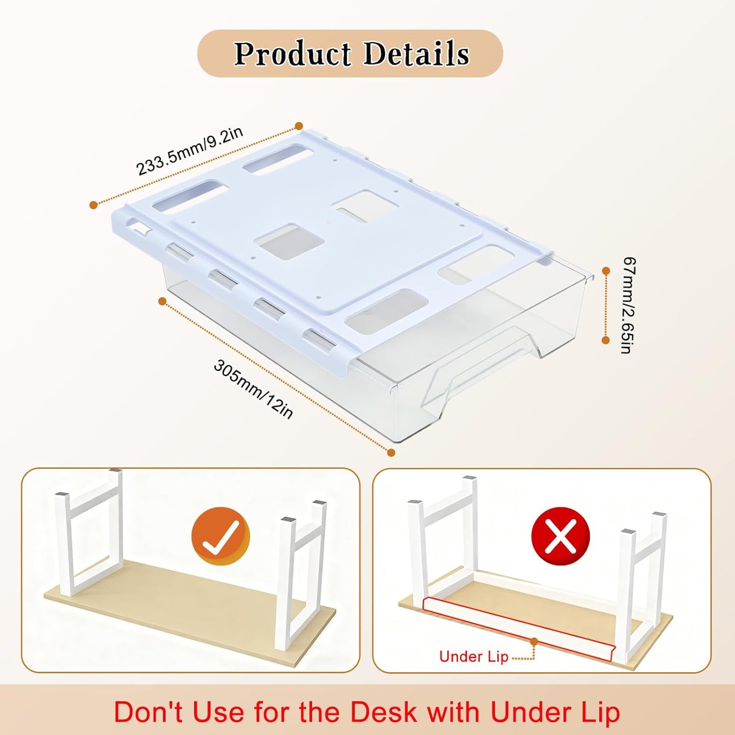 Under Desk Drawer Organizer, Self Adhesive Hidden Drawer Storage, Slide Out Desk Organizer, Space Saving Pencil & Accessories Organizer, Under Table Storage for Home Office & School, Black