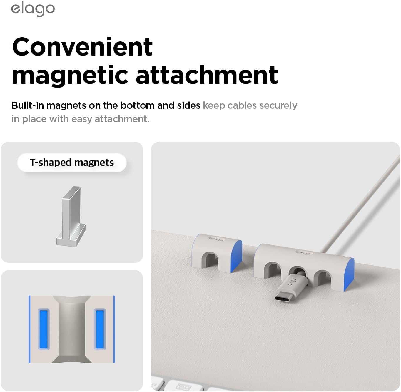 elago Magnetic Cable Management Organize 4 Cables, Powerful Magnets, Wire Holder Keeper Organizer Phone Home Office Desk Compatible with Magnetic Pad (1 Slot +3 Slot Set)[Stone]