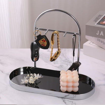 Shinpuru Metal Jewelry Organizer Stand & Key Holder Tray with Acrylic Base, Key Stand and Jewelry Tray with 5 Hooks, Perfect Key Bowl, Valet Key Tray, Ring Holder, Jewelry Dish (Silver Black)