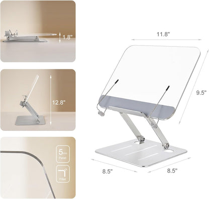 Acrylic Book Stand for Reading, Hands Free Foldable Desktop Book Holder, Height & Angle Adjustable Textbook Stand with Page Clips for Cookbook, Tablet, Music Scores