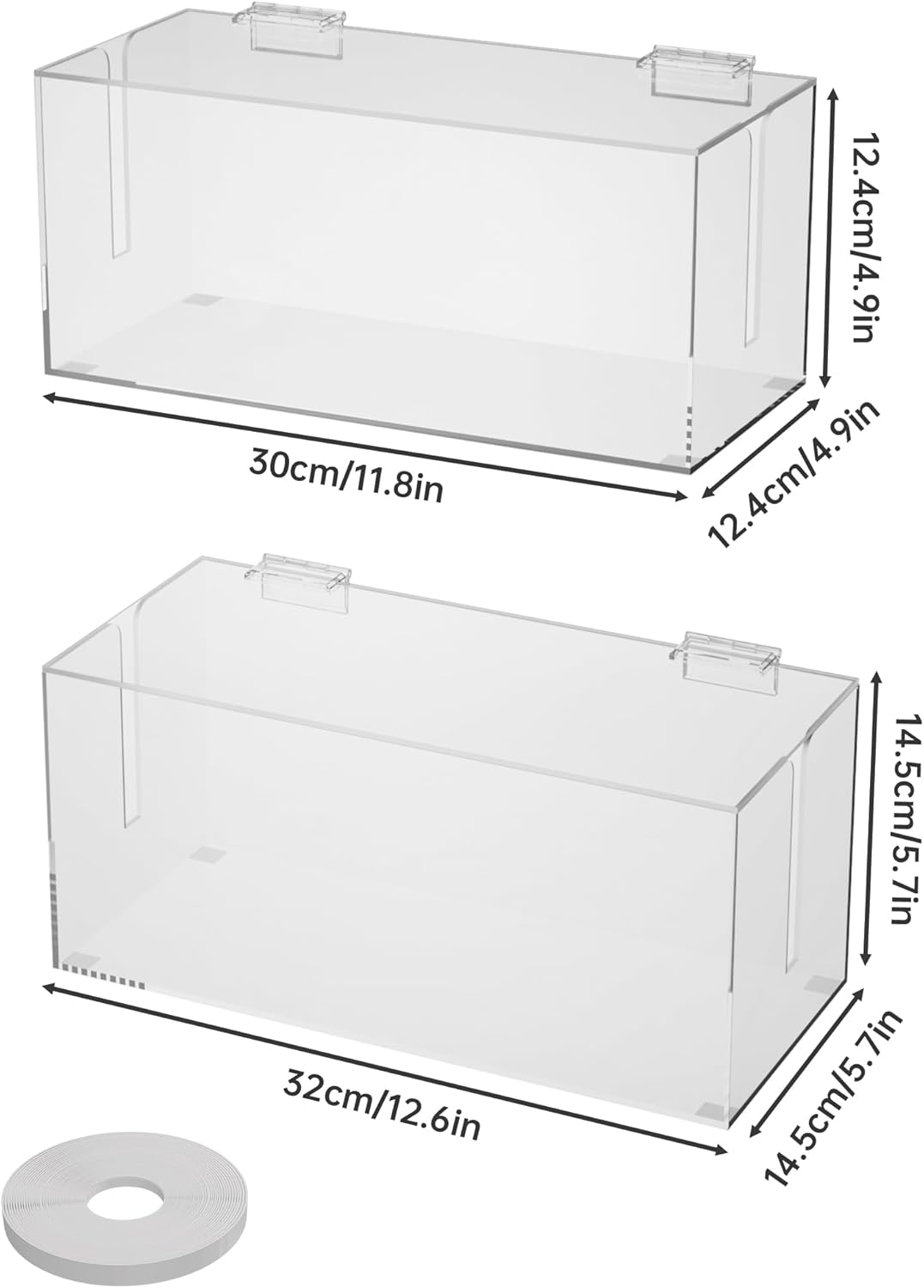 NiHome 2-Pack Clear Acrylic Cable Management Box Set, Large and Medium Power Strip Organizers with Ventilated Cover and Silicone Feet, Includes Reusable Ties, Transparent Cord Hider for Desk and Floor