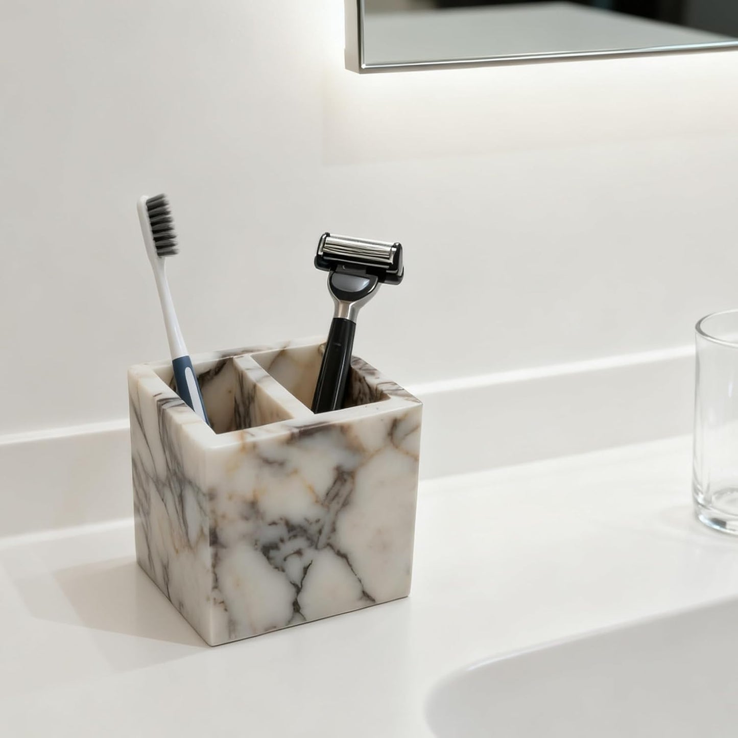 Marble Pen Holder, White Stone Rectangular Desktop Organizer, Office Study Makeup Brush Storage, Home Desk Decor, Minimalist Design, Durable Marble Accessory